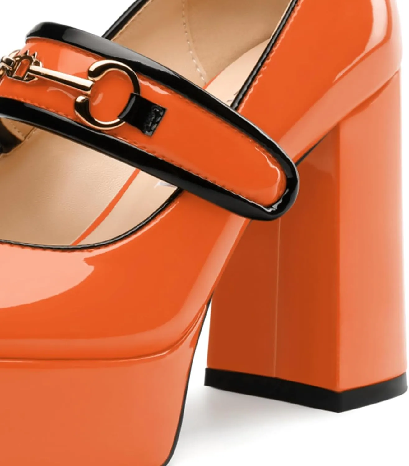 High Heels Pumps Square Toe Women's Shoes Patent Leather Thick Sole Thick Heel Hook-and-Loop Straps Height 10 Cm