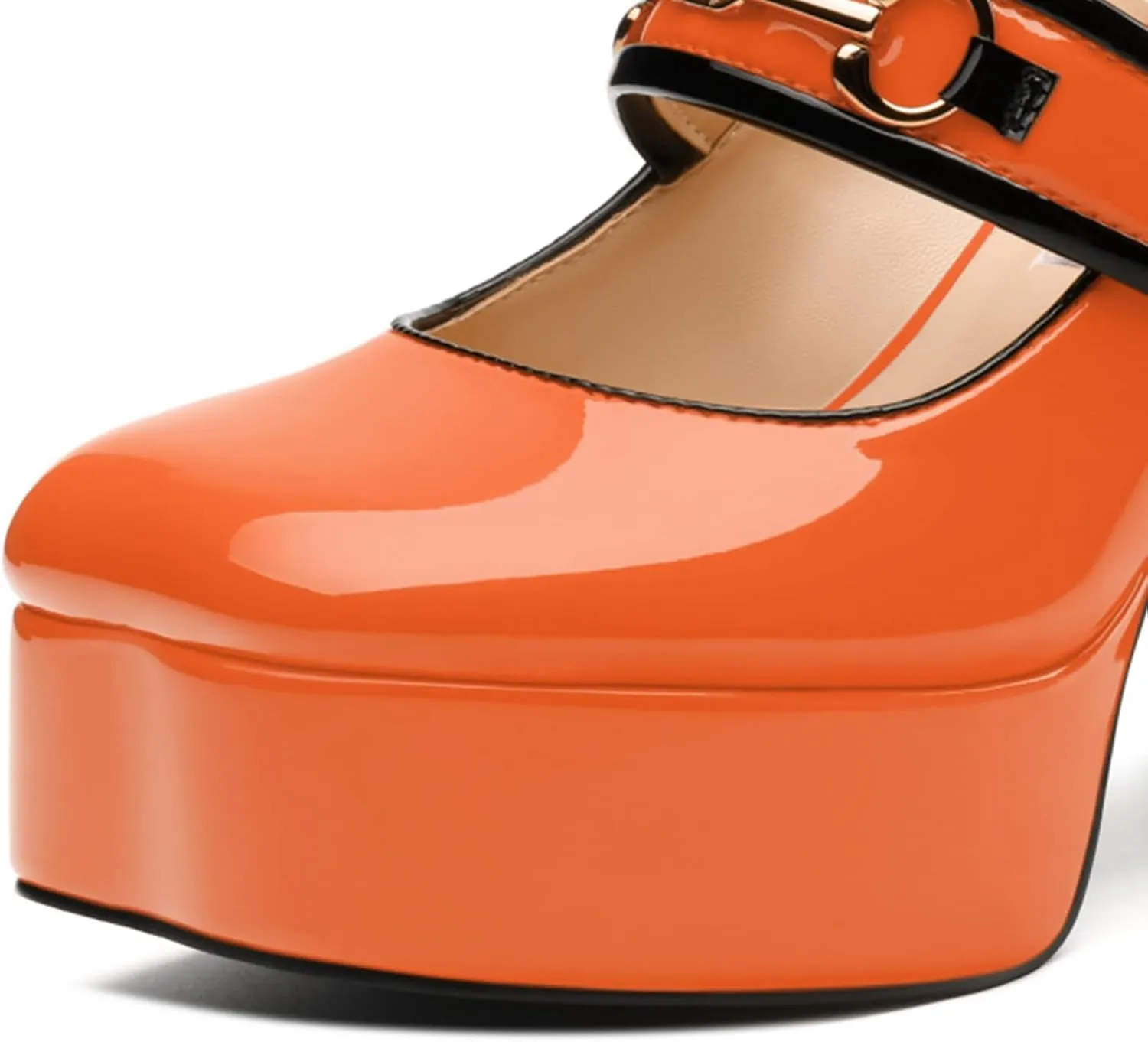 High Heels Pumps Square Toe Women's Shoes Patent Leather Thick Sole Thick Heel Hook-and-Loop Straps Height 10 Cm