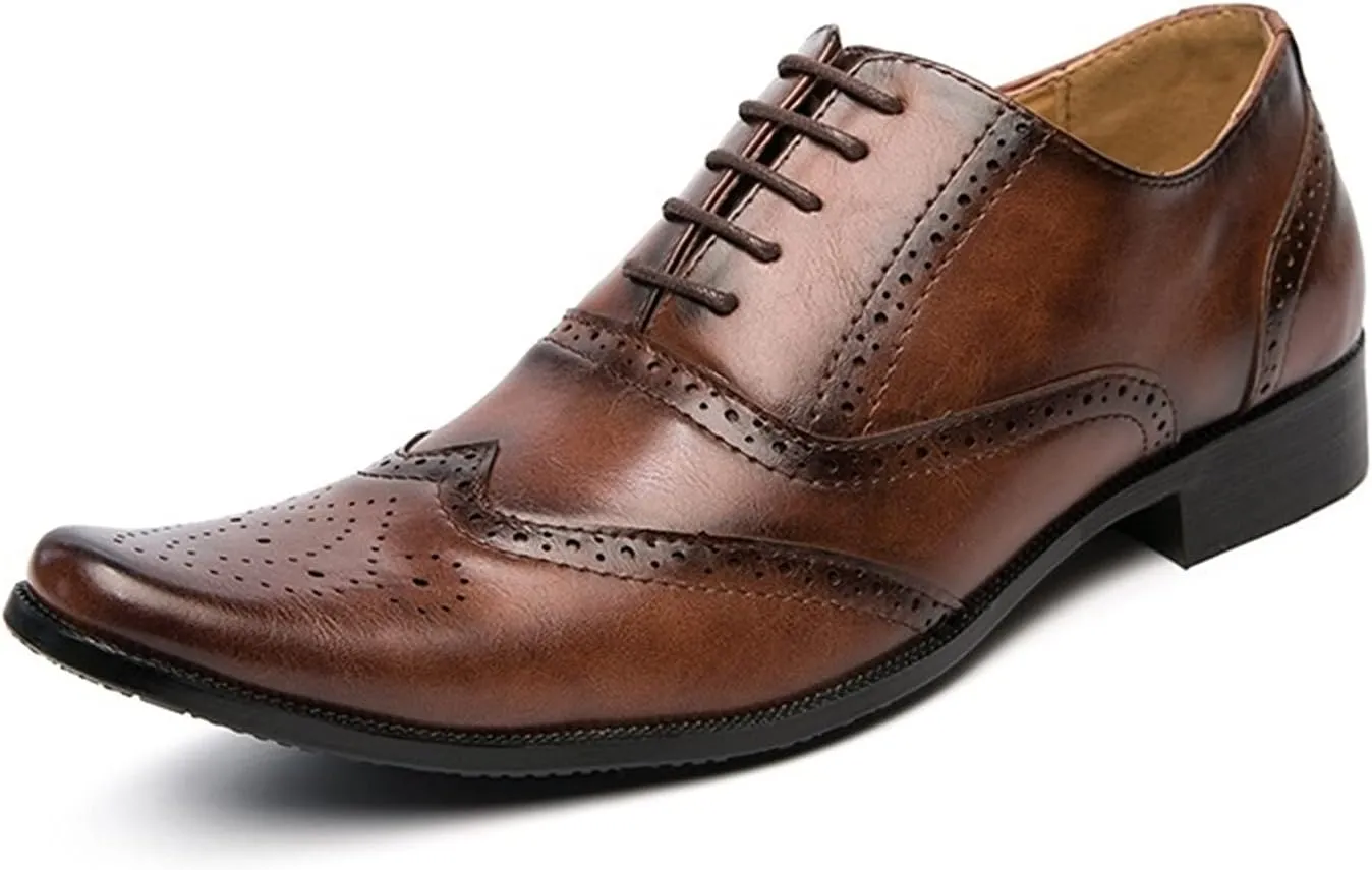HOOENG Dress Shoes for Men Lace Up Brogue Embossed Wing Tip Plain Burnished Toe Vegan Leather Rubber Sole Non Slip Resistant Prom (Color : Brown, Size : 10.5)
