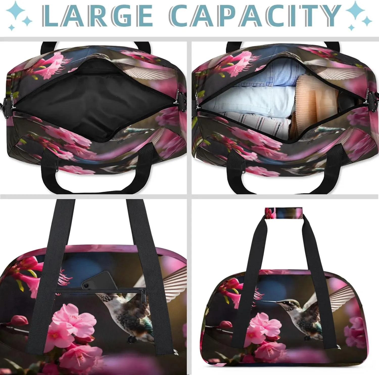 Hummingbirds And Flowers Small Gym Bag 18 inch Carry On Duffel Bag for Weekender Travel Sports Workout Yoga Gymnastics Dance Ballet