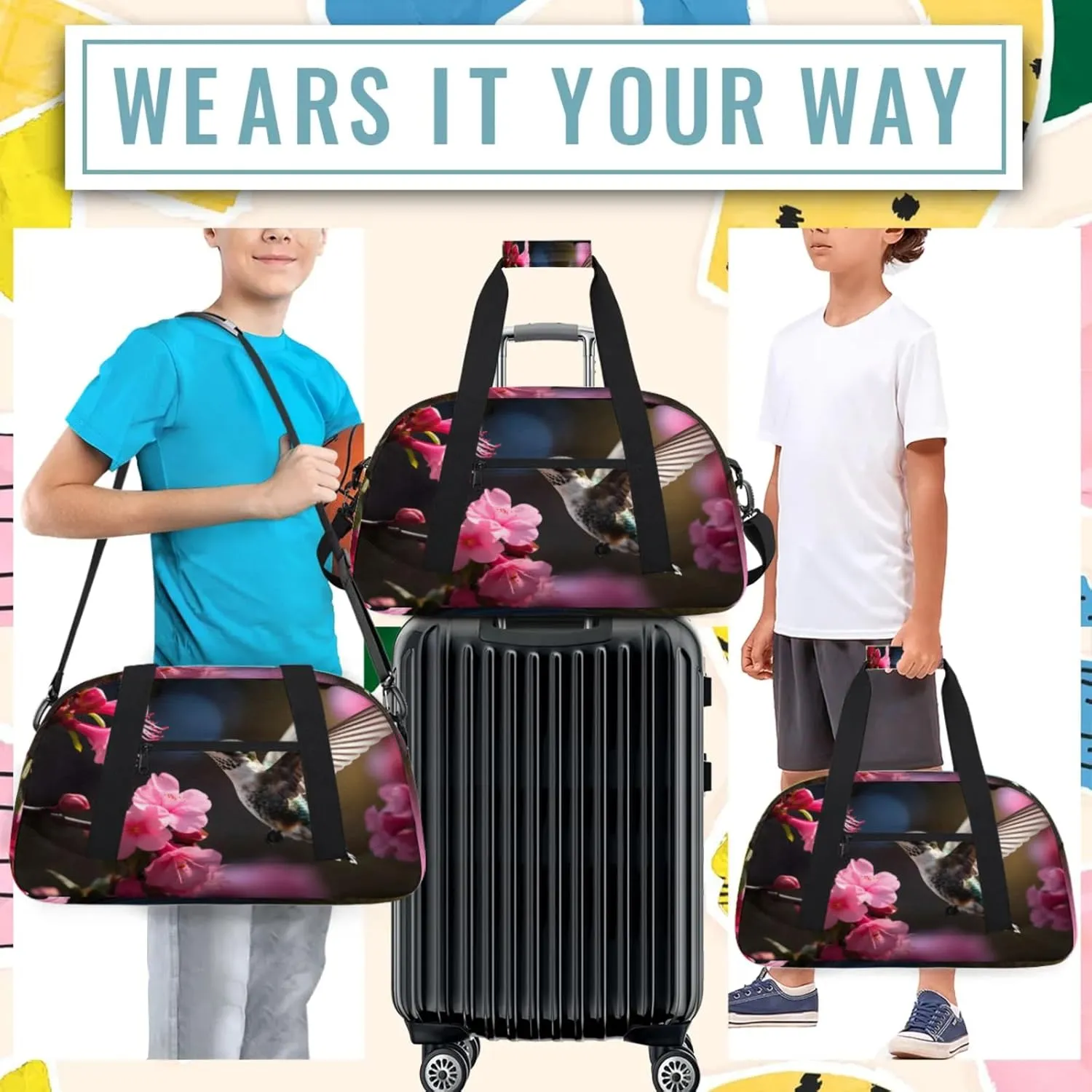 Hummingbirds And Flowers Small Gym Bag 18 inch Carry On Duffel Bag for Weekender Travel Sports Workout Yoga Gymnastics Dance Ballet