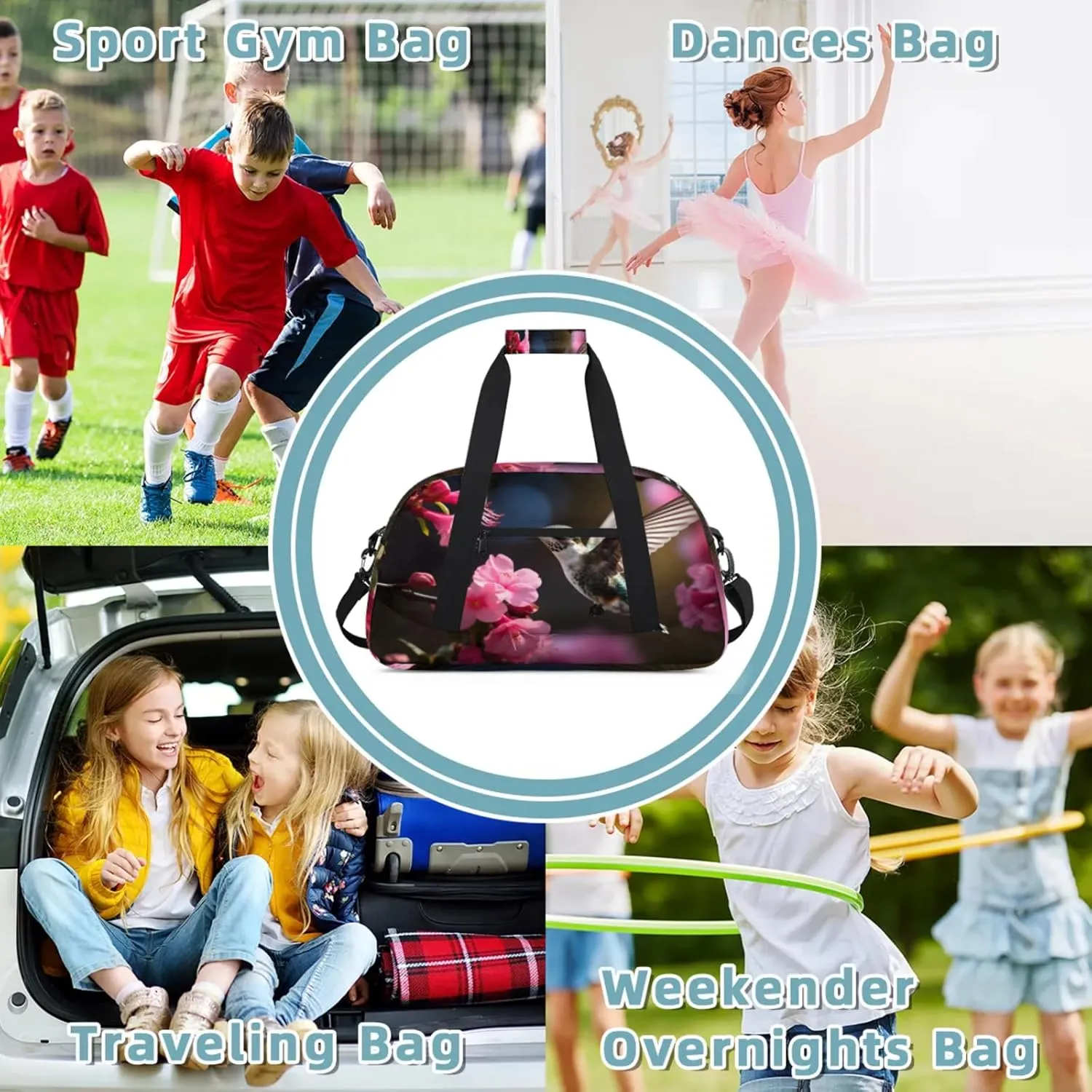 Hummingbirds And Flowers Small Gym Bag 18 inch Carry On Duffel Bag for Weekender Travel Sports Workout Yoga Gymnastics Dance Ballet