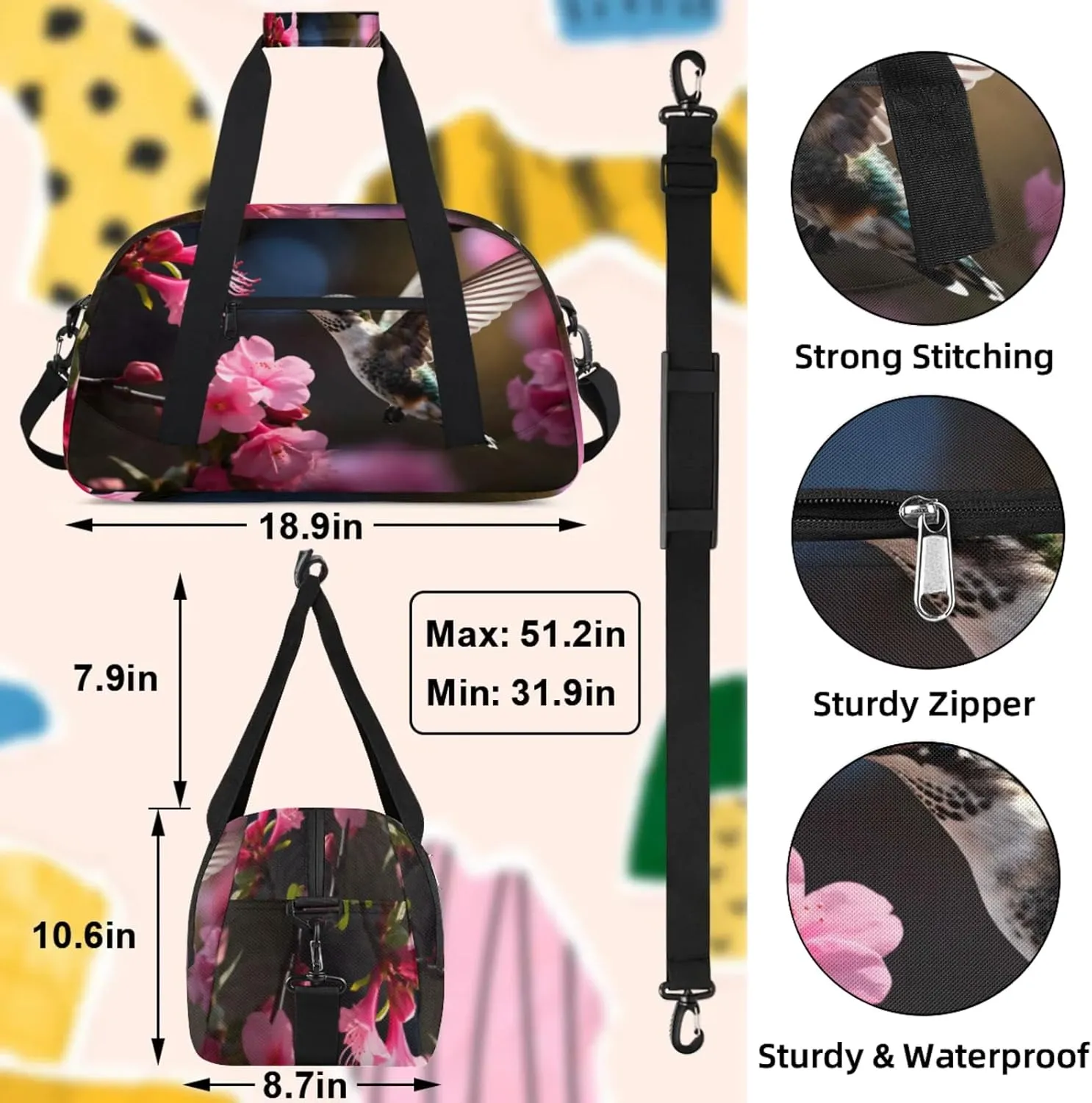 Hummingbirds And Flowers Small Gym Bag 18 inch Carry On Duffel Bag for Weekender Travel Sports Workout Yoga Gymnastics Dance Ballet