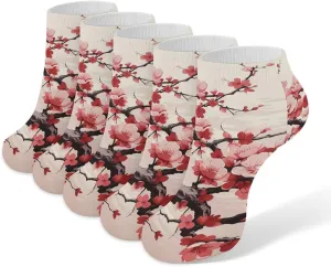 Japanese Floral Cherry Blossom Ankle Socks for Men & Women, 5 Pairs Breathable Soft Low Cut Socks, Stretch Sweat Wicking Sox