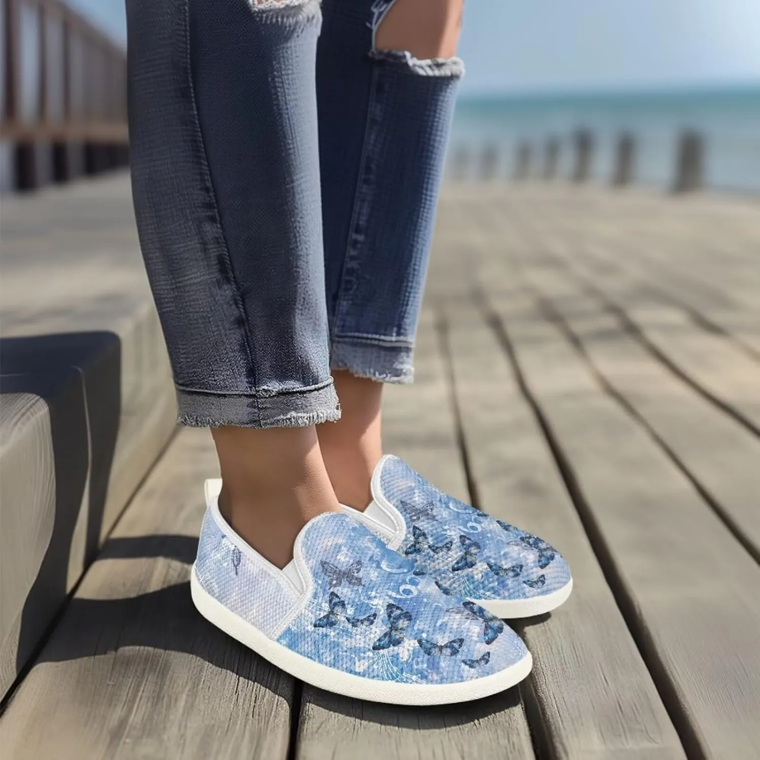 JoyLamoria Retro Butterfly Print Slip on Sneakers Mesh Fashion Running Shoes Sneakers Women Men Walking Shoes Arch Support Causal Flats