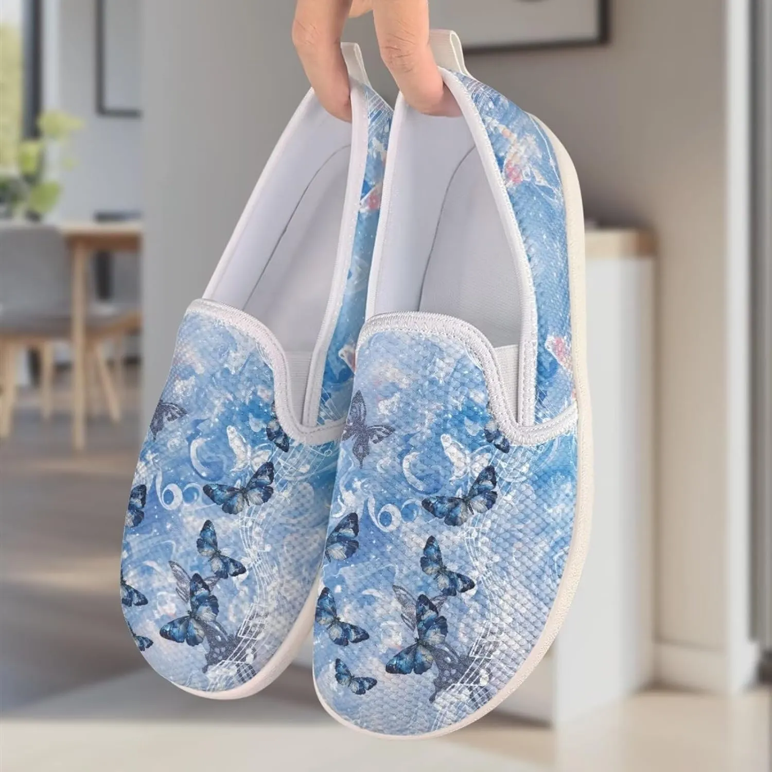 JoyLamoria Retro Butterfly Print Slip on Sneakers Mesh Fashion Running Shoes Sneakers Women Men Walking Shoes Arch Support Causal Flats