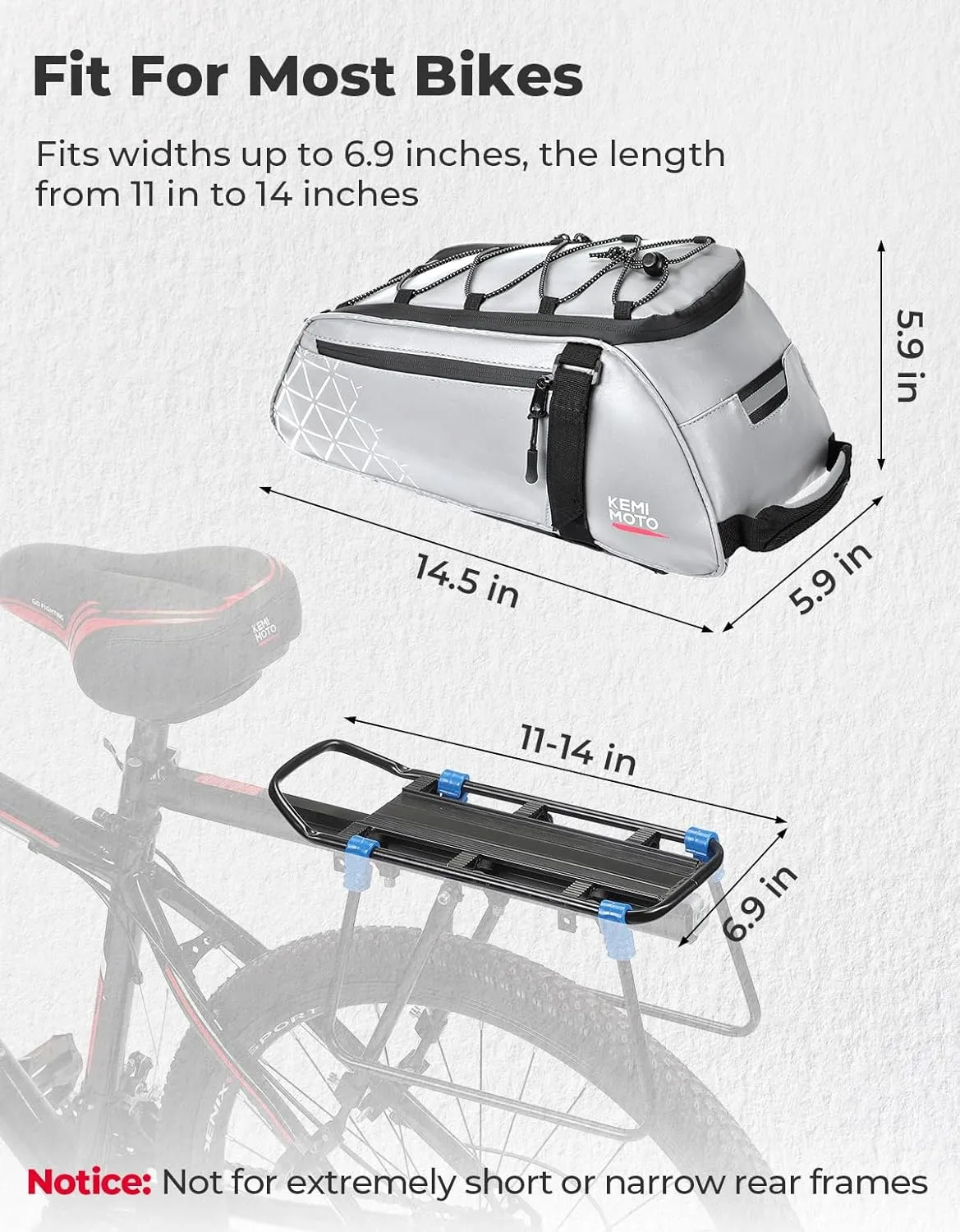 KEMIMOTO Rear Bike Rack Bag, 8L Full Reflective PVC Water Resistant Bicycle Trunk for Road and Mountain Bikes, Ebike Rack Bag with Side Pockets for Cycling Travel Commute