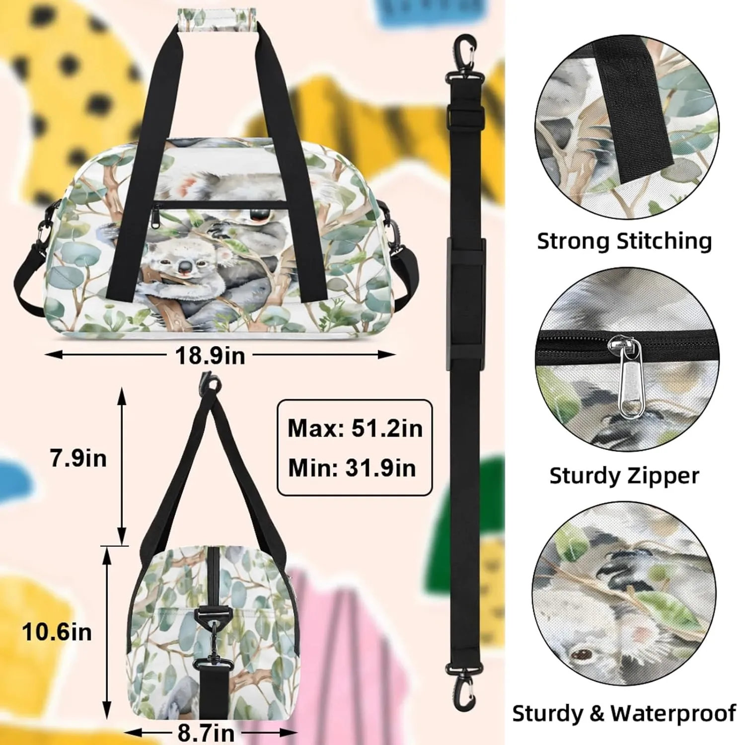 Koala Small Gym Bag 18 inch Carry On Duffel Bag for Weekender Travel Sports Workout Yoga Gymnastics Dance Ballet