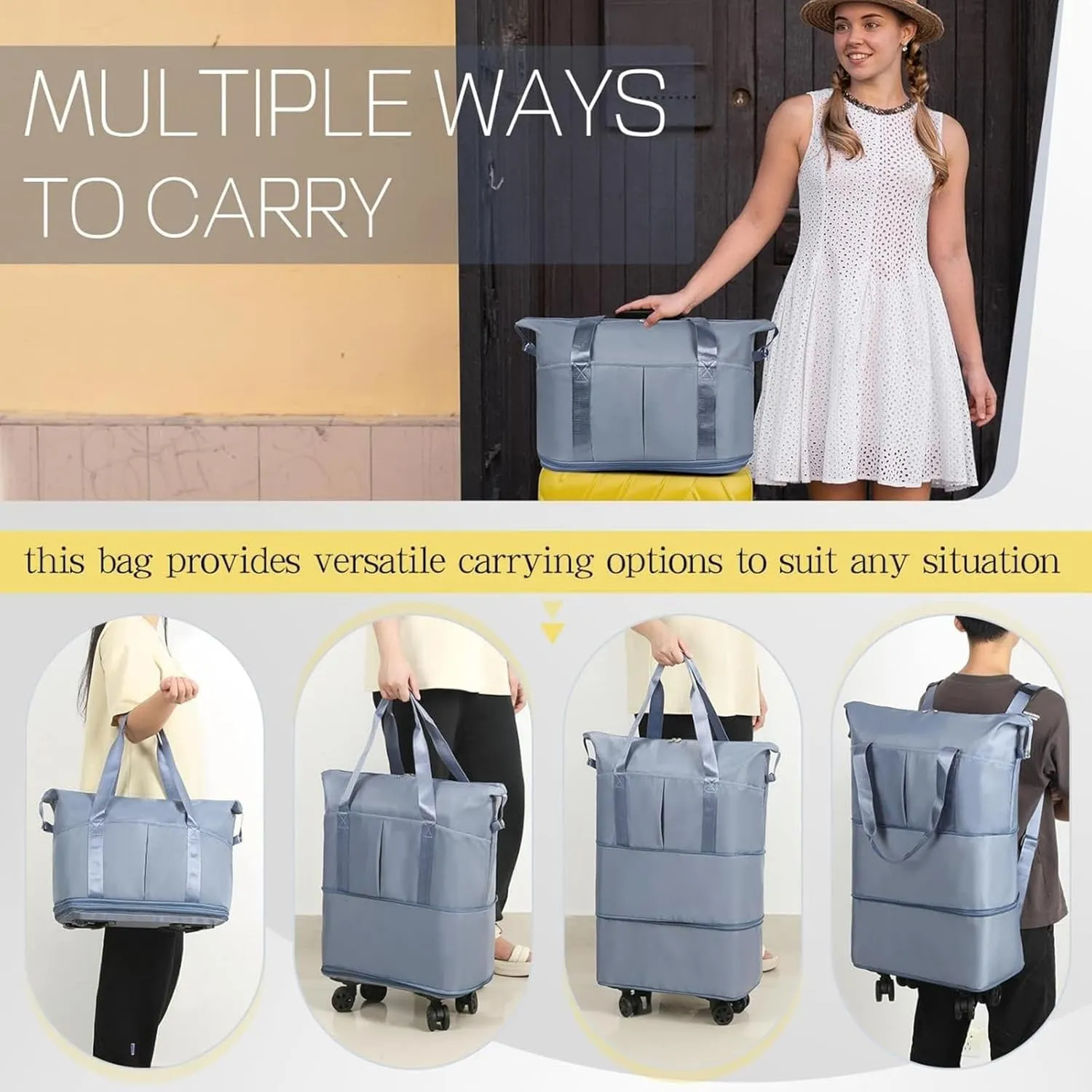 Kulken Travel Bag with Wheels, Large Capacity Three-Layer Expandable Foldable Travel Package - Universal Wheel Removable, Kulken Luggage with Dry and Wet Separation Layer (L-Blue)