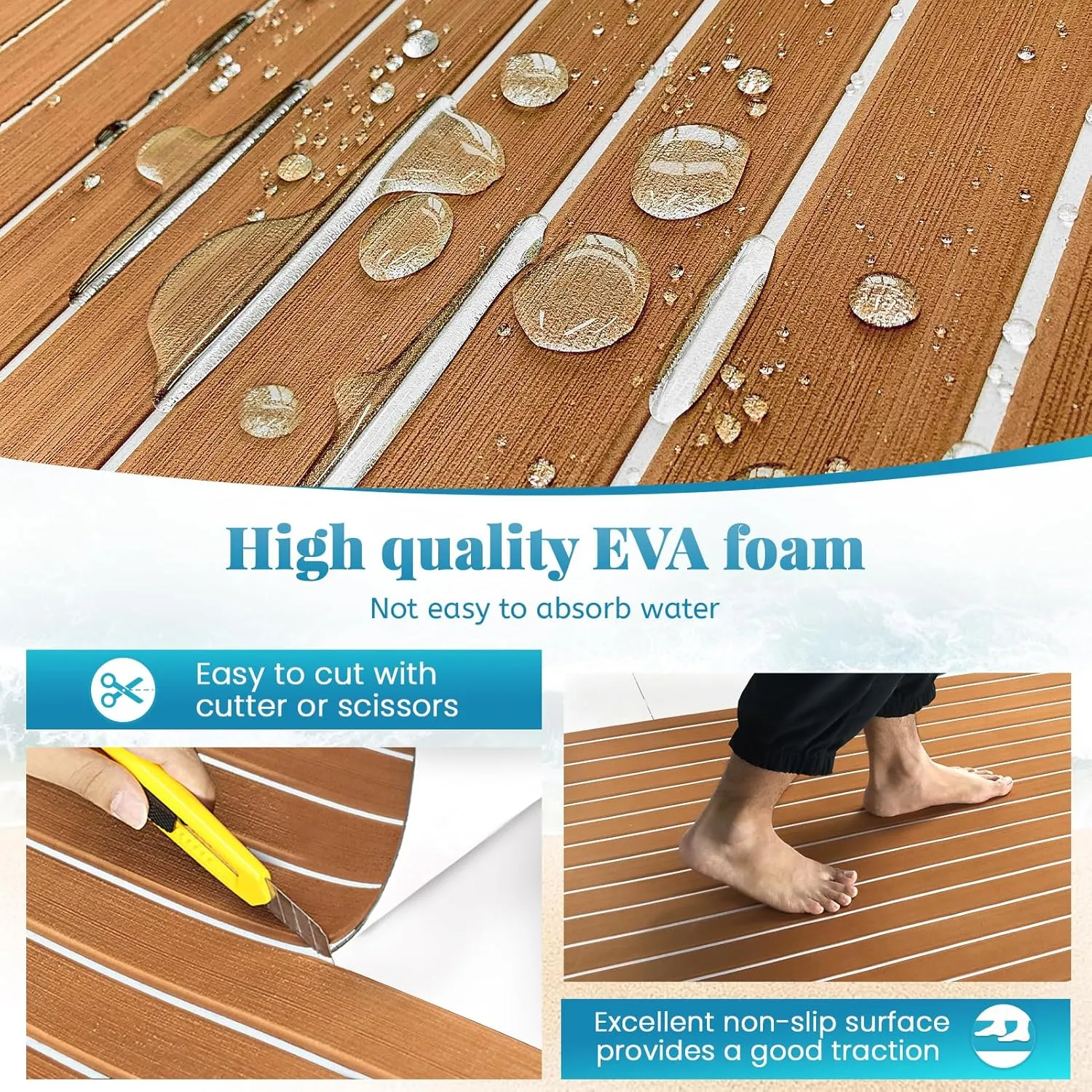 KXKZREN Large Size Faux Teak Boat Flooring 7.87'x7.87' / 5.9'x7.87' EVA Foam Marine Boat Decking Floor Self-Adhesive Flooring Sheet for Boats Yacht Pontoon Motorboat Swim Platform