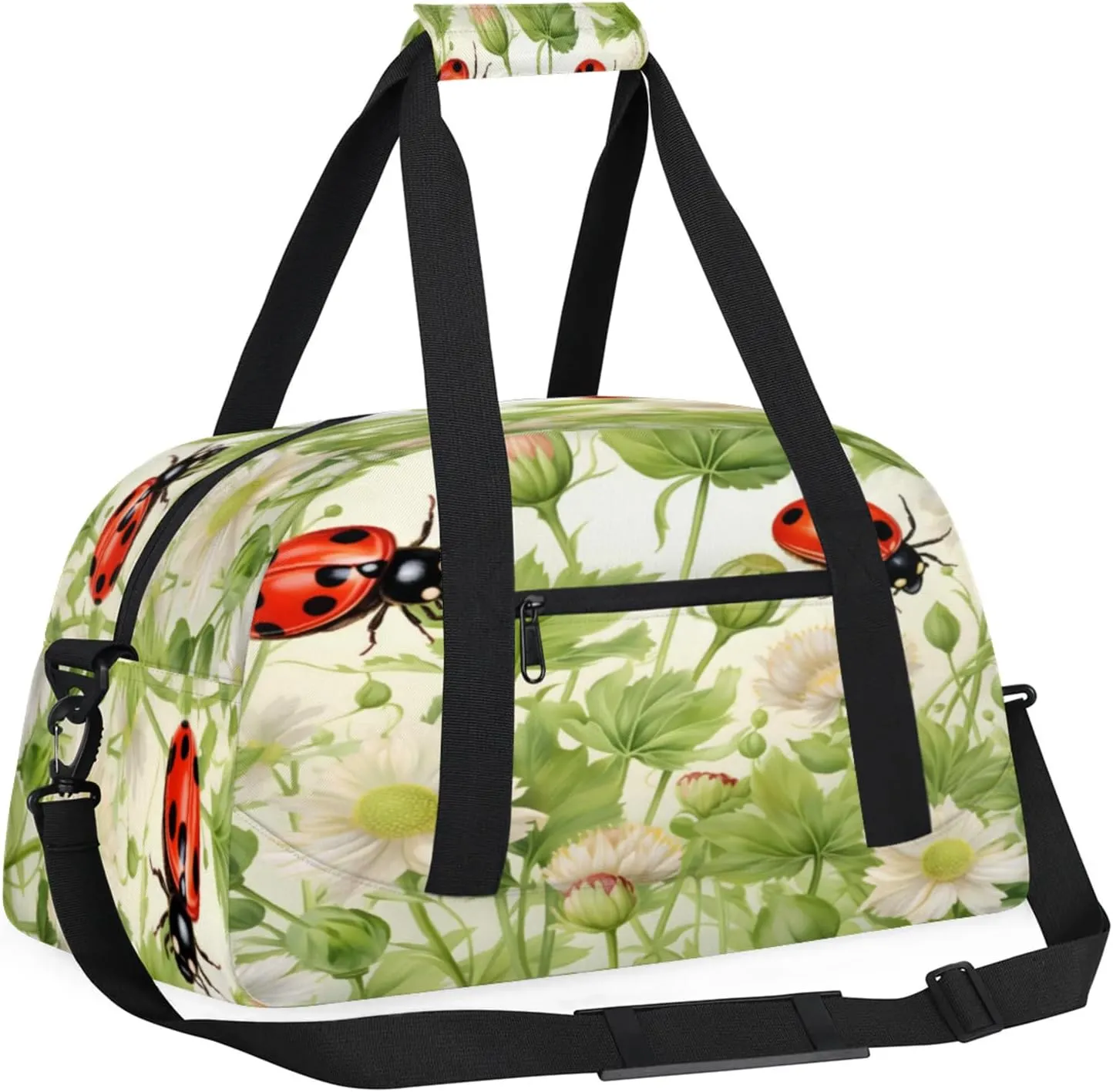 Ladybugs Spring Theme Flowers Small Gym Bag 18 inch Carry On Duffel Bag for Weekender Travel Sports Workout Yoga Gymnastics Dance Ballet