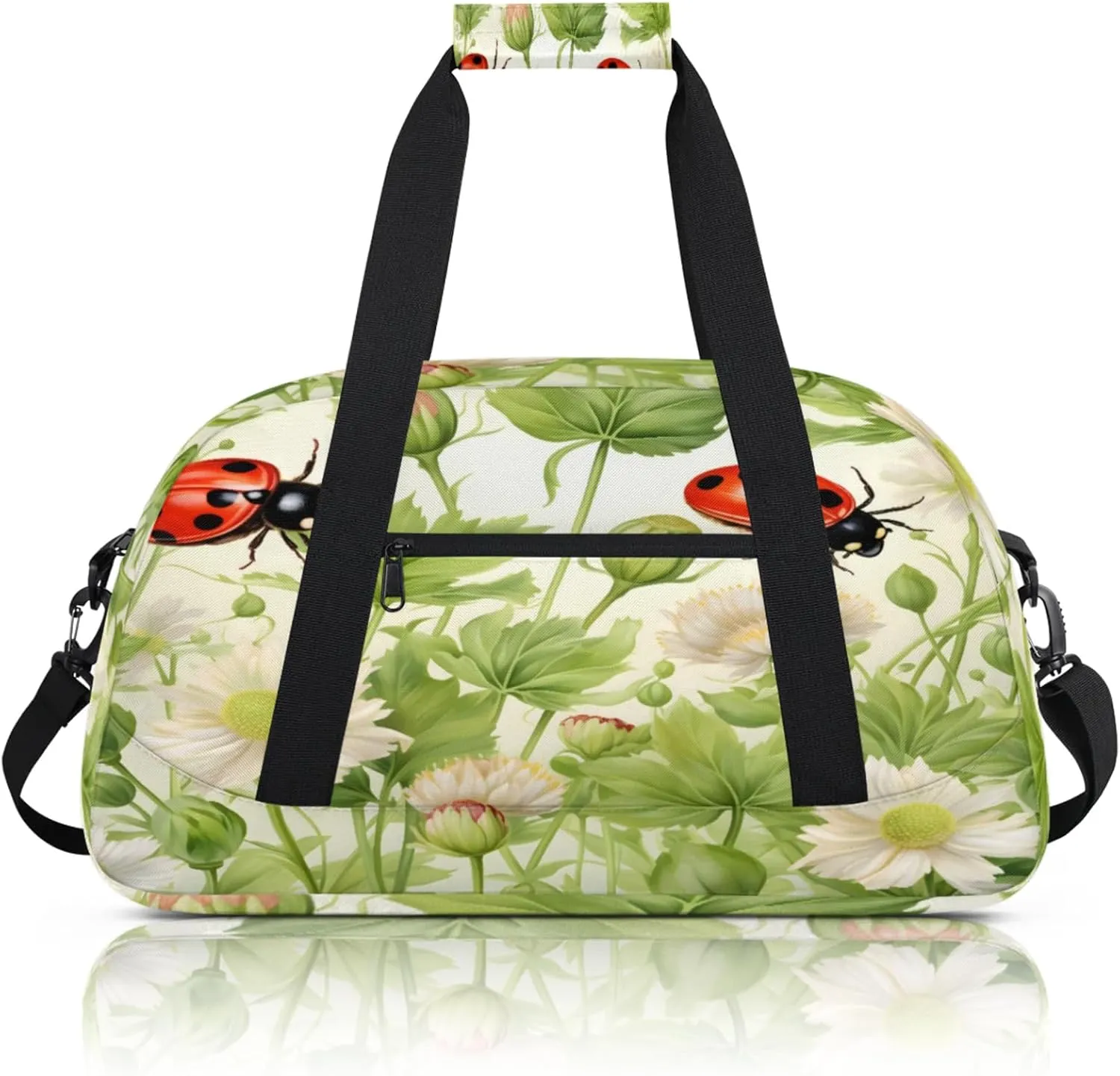 Ladybugs Spring Theme Flowers Small Gym Bag 18 inch Carry On Duffel Bag for Weekender Travel Sports Workout Yoga Gymnastics Dance Ballet