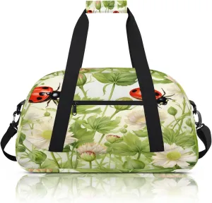 Ladybugs Spring Theme Flowers Small Gym Bag 18 inch Carry On Duffel Bag for Weekender Travel Sports Workout Yoga Gymnastics Dance Ballet