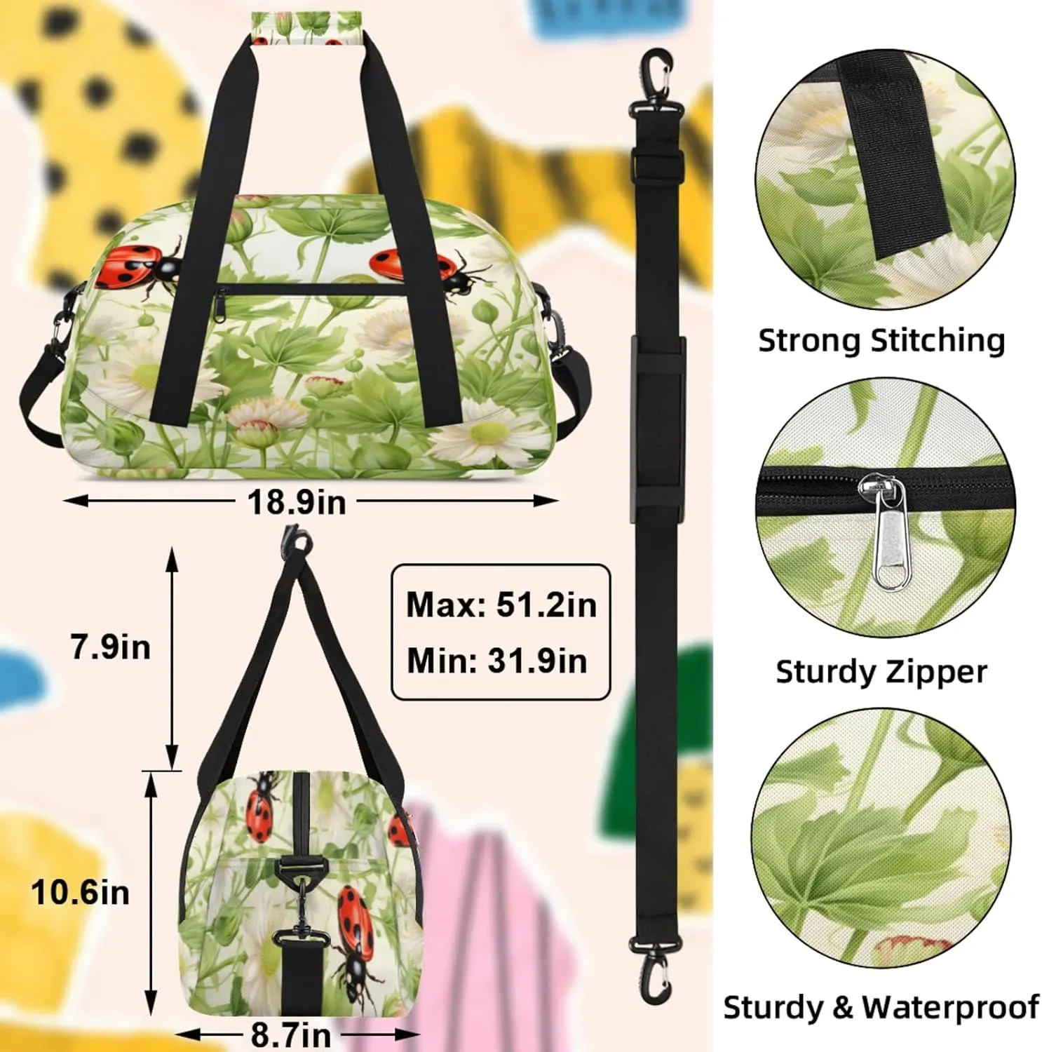 Ladybugs Spring Theme Flowers Small Gym Bag 18 inch Carry On Duffel Bag for Weekender Travel Sports Workout Yoga Gymnastics Dance Ballet