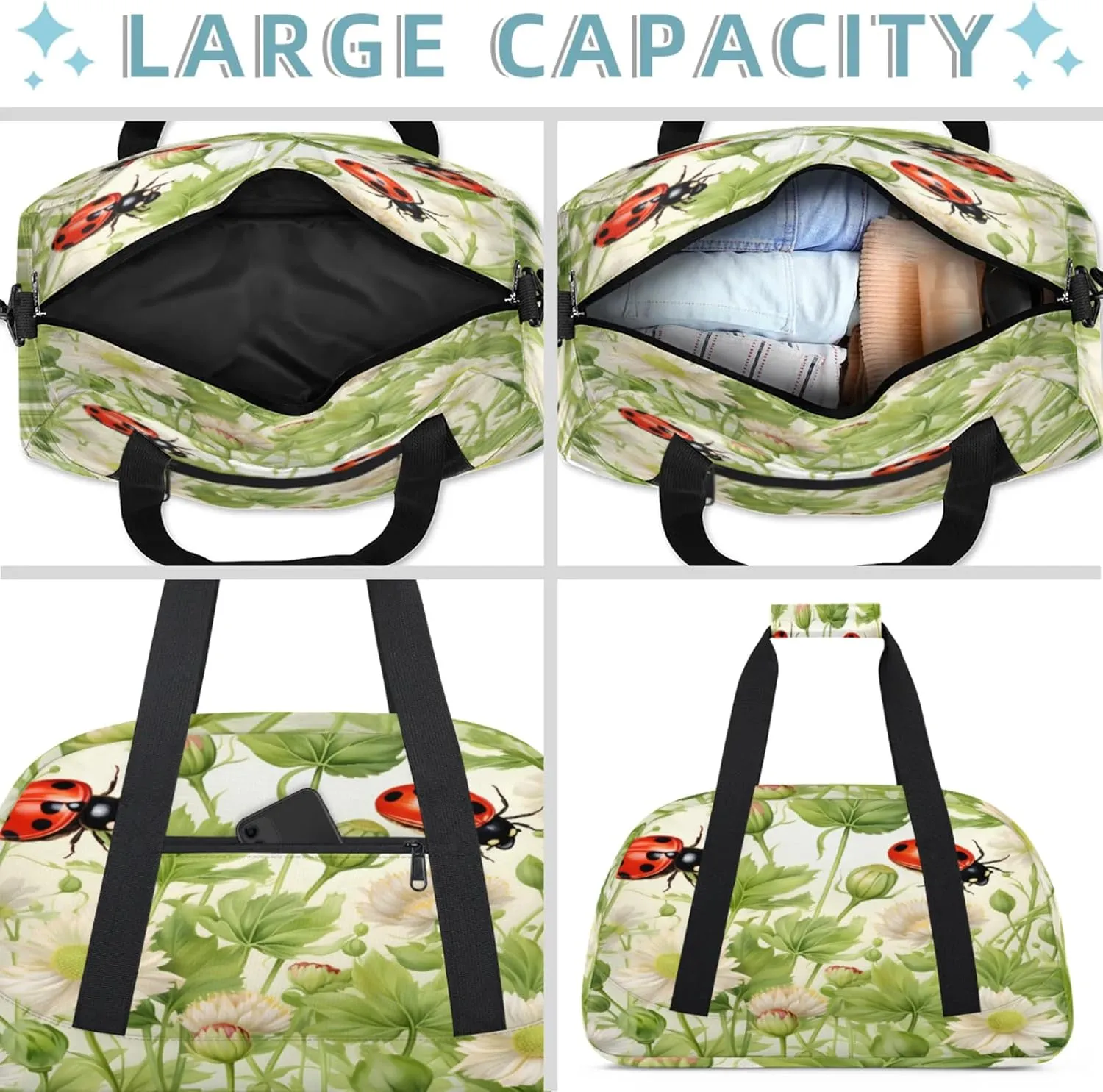 Ladybugs Spring Theme Flowers Small Gym Bag 18 inch Carry On Duffel Bag for Weekender Travel Sports Workout Yoga Gymnastics Dance Ballet