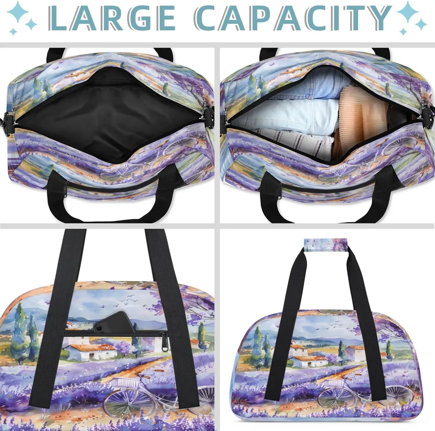 Lavender Flowers Bicycle Small Gym Bag 18 inch Carry On Duffel Bag for Weekender Travel Sports Workout Yoga Gymnastics Dance Ballet