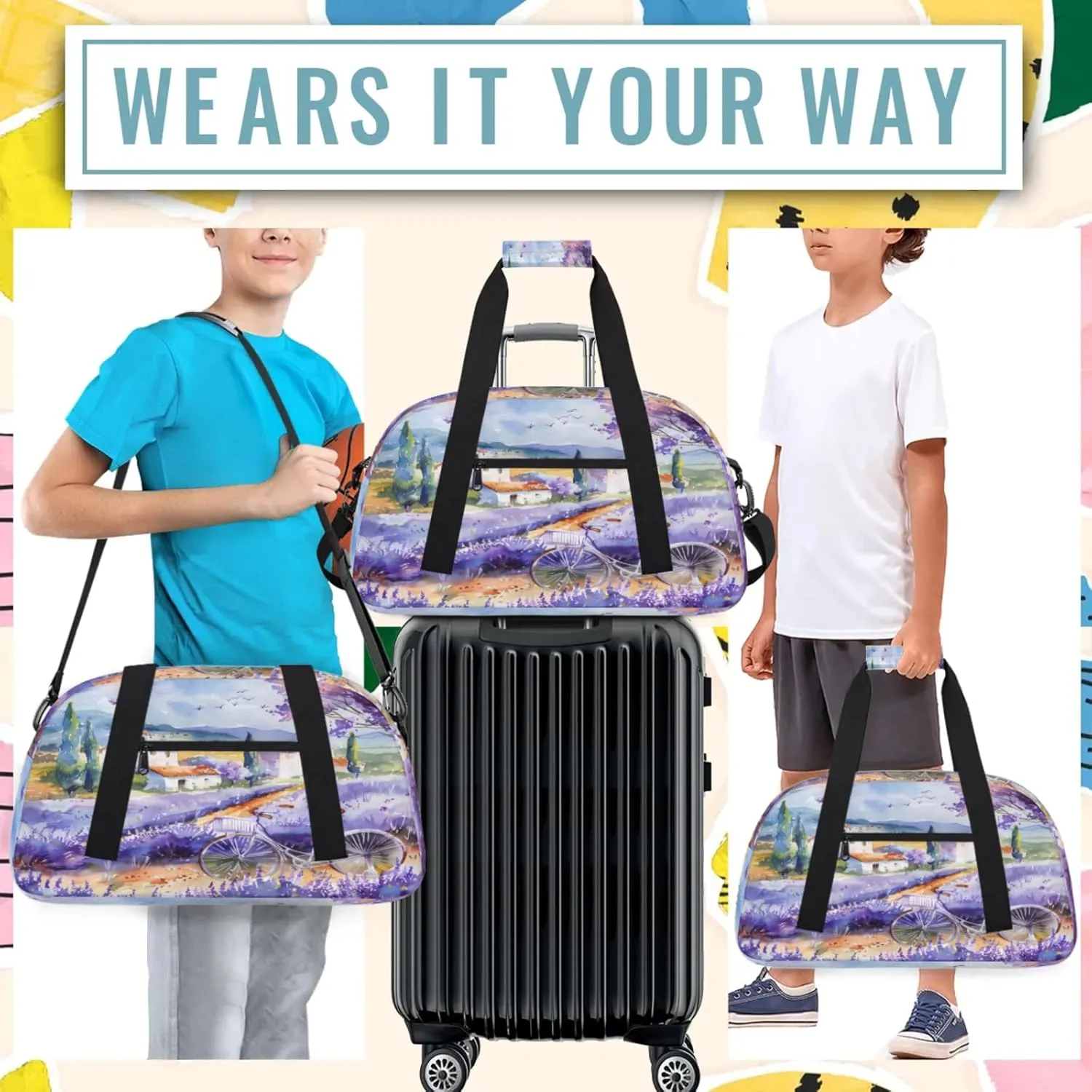Lavender Flowers Bicycle Small Gym Bag 18 inch Carry On Duffel Bag for Weekender Travel Sports Workout Yoga Gymnastics Dance Ballet