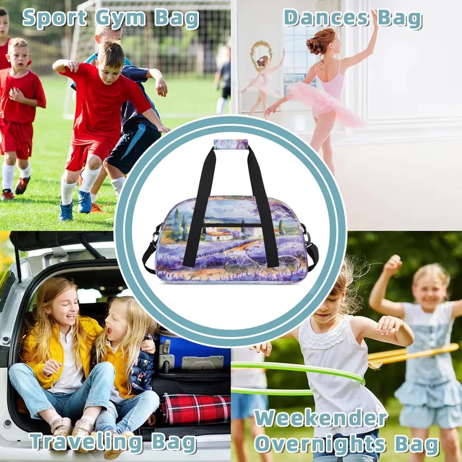 Lavender Flowers Bicycle Small Gym Bag 18 inch Carry On Duffel Bag for Weekender Travel Sports Workout Yoga Gymnastics Dance Ballet
