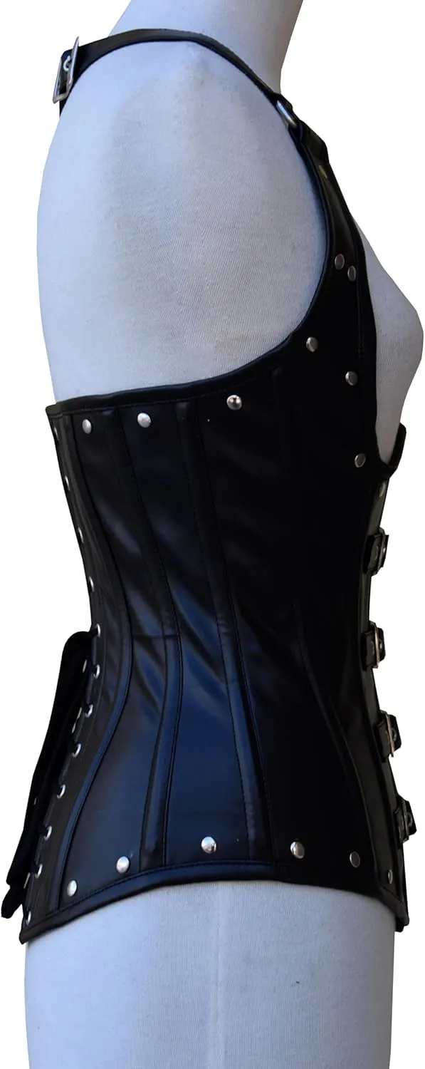 Leather Corset Steampunk Black Studs & Goth Style Buckle Closure Waist Trainer Steel Boned Underbust Strap Corset