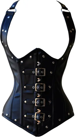 Leather Corset Steampunk Black Studs & Goth Style Buckle Closure Waist Trainer Steel Boned Underbust Strap Corset