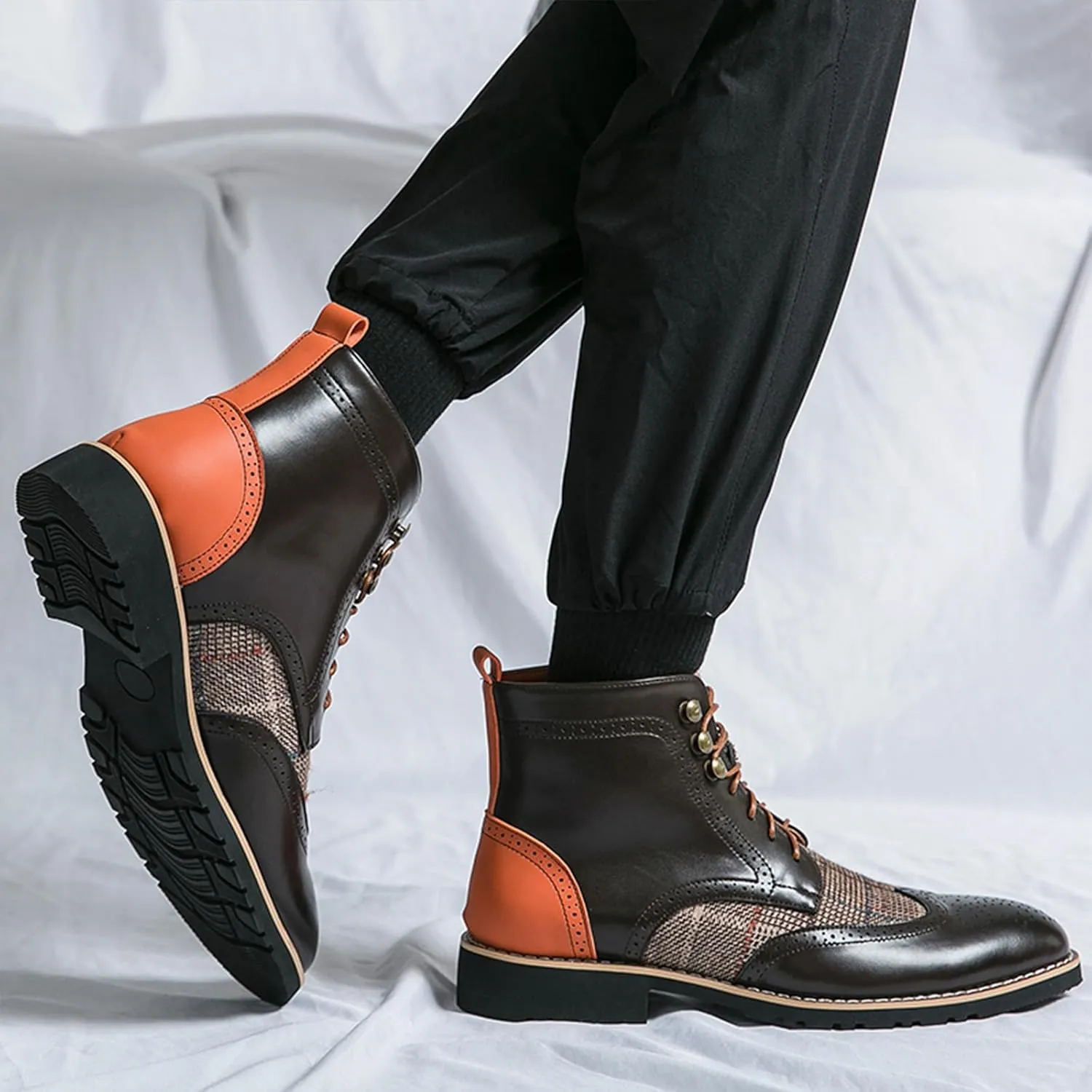Lossarye Men's Wingtip Brogue Dress Boots,Fashion Leather High Top Lace Up Oxford Ankle Boots Business Casual Chukka Boot