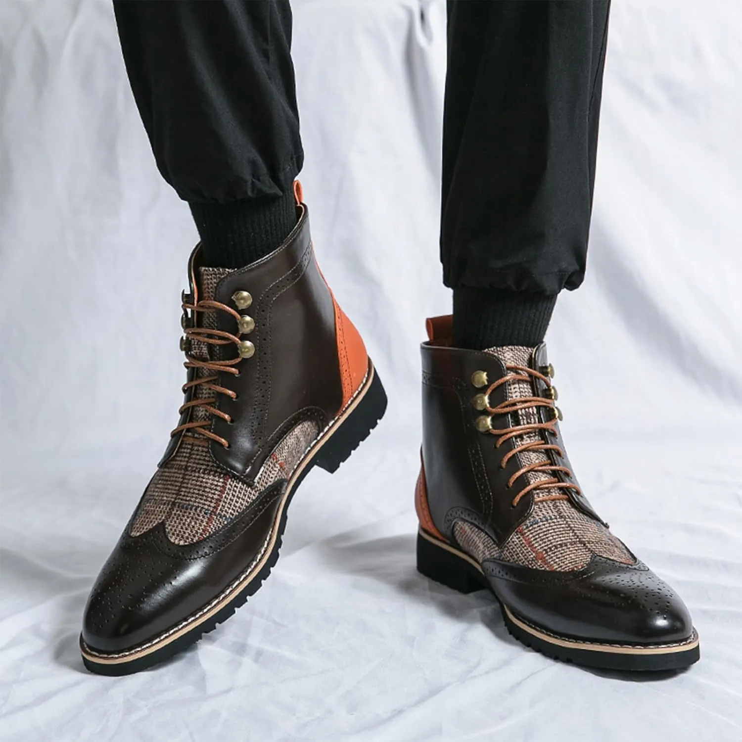 Lossarye Men's Wingtip Brogue Dress Boots,Fashion Leather High Top Lace Up Oxford Ankle Boots Business Casual Chukka Boot