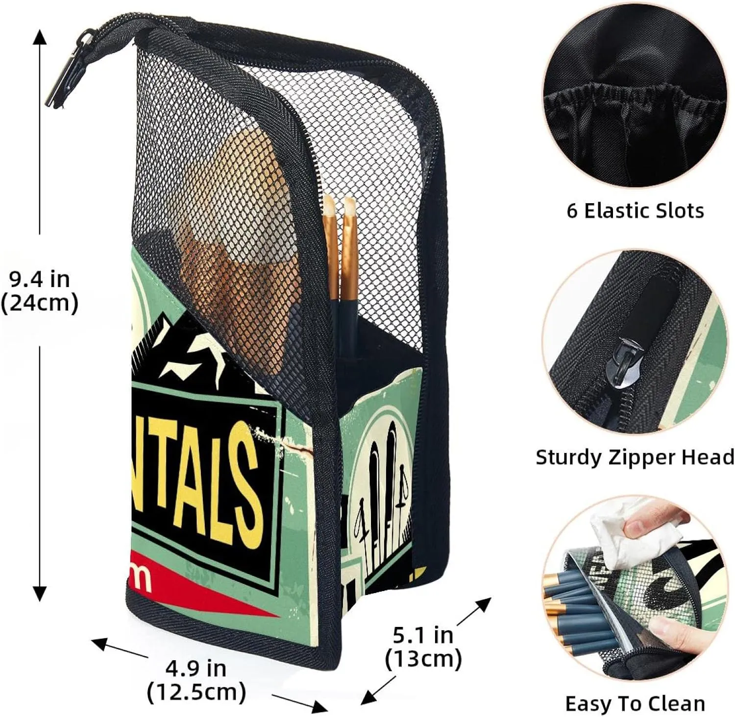 Makeup Brush Organizer Bag, Portable Travel Cosmetic Brush Case with 12 Makeup Brushes, Retro Ski Rentals Sign Foldable Makeup Cup for brushes, Eyebrow Pencil
