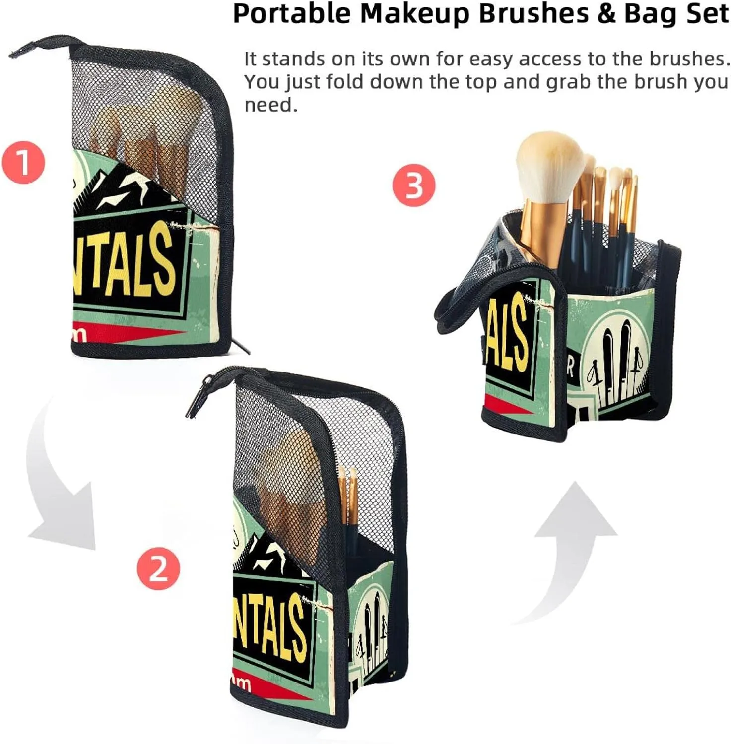 Makeup Brush Organizer Bag, Portable Travel Cosmetic Brush Case with 12 Makeup Brushes, Retro Ski Rentals Sign Foldable Makeup Cup for brushes, Eyebrow Pencil