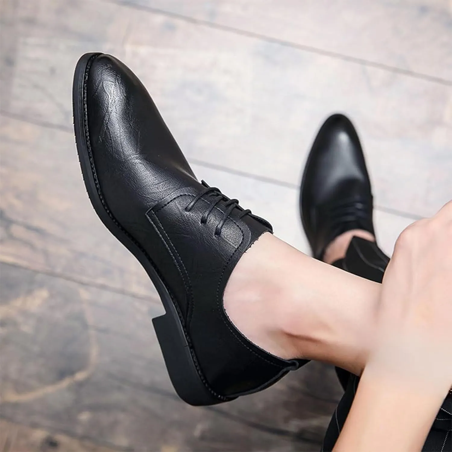 Men Leather Oxford Dress Shoes Round Toe Block Heel Rubber Sole Non Slip Party Comfortable Business Formal Tuxedo Shoes