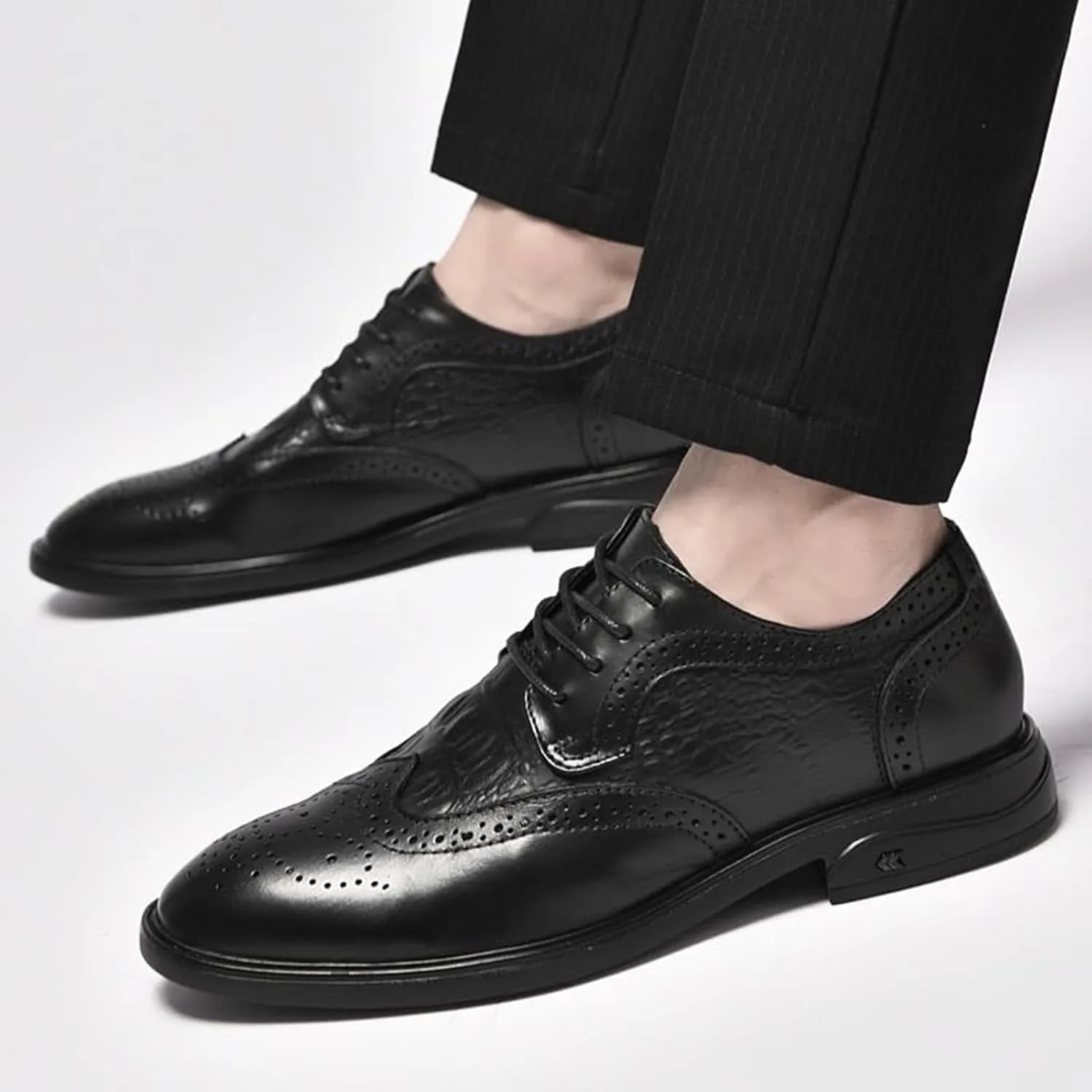 Men Leather Oxford Dress Shoes Round Toe Block Heel Rubber Sole Non Slip Party Comfortable Elegant Classic Brogue Formal Shoes
