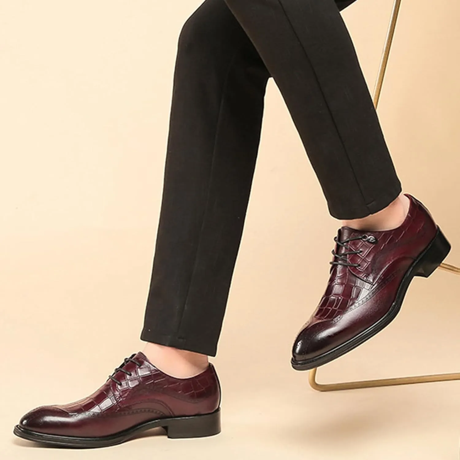 Men Leather Oxford Dress Shoes Round Toe Block Heel Rubber Sole Non Slip Party Comfortable Lace Up Business Elegant Wedding Formal