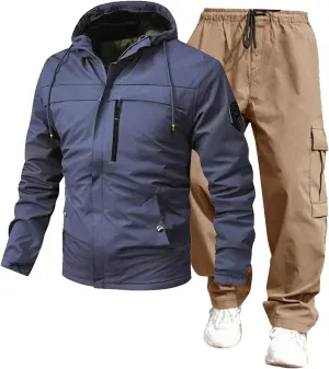 Men’s 2 Piece Tracksuit Windbreaker Sets Hooded Windproof Rain Jackets Hiking Work Pants Outfits with Multi Pockets