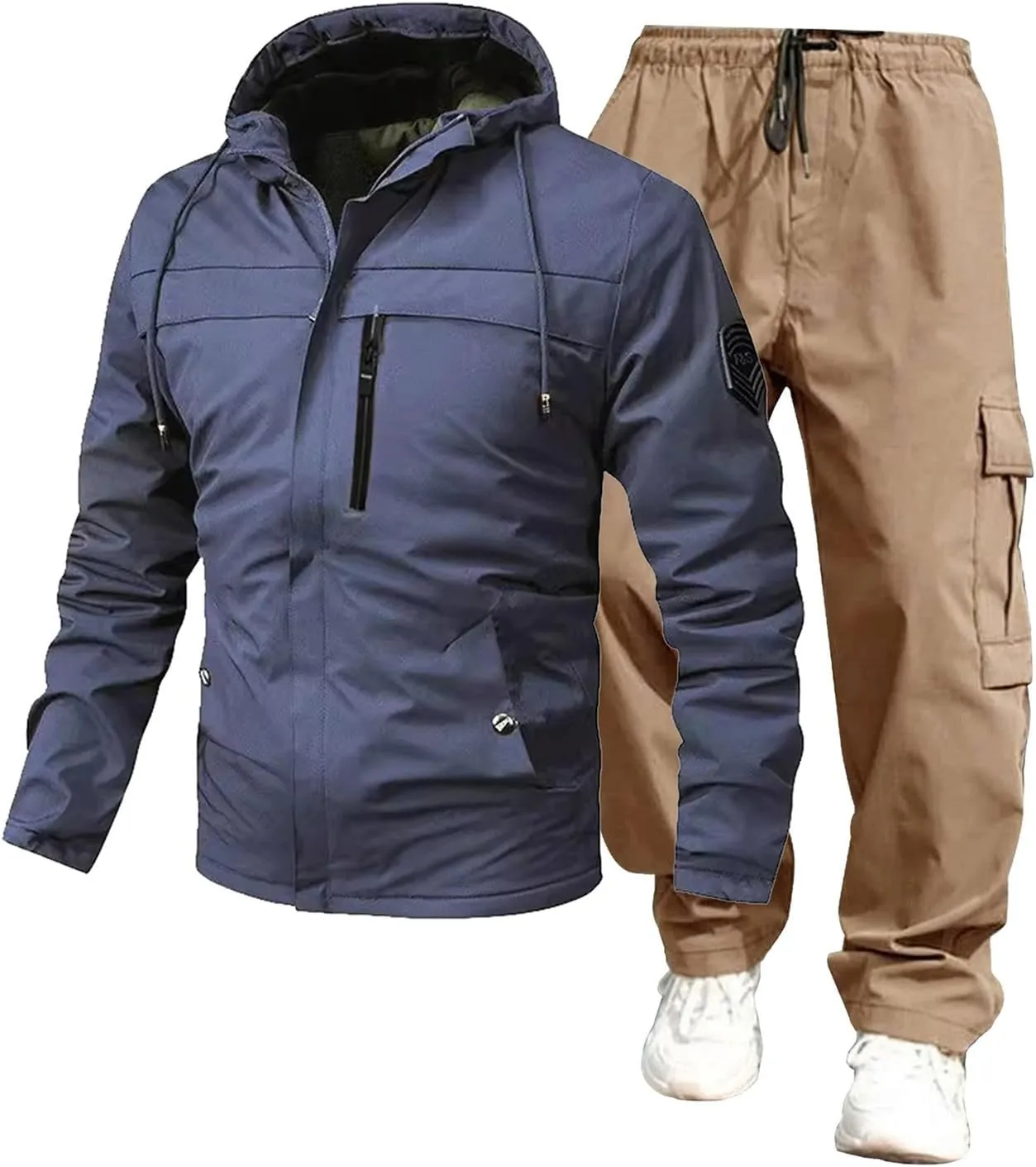 Men’s 2 Piece Tracksuit Windbreaker Sets Hooded Windproof Rain Jackets Hiking Work Pants Outfits with Multi Pockets