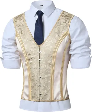 Mens Corset Vest Lace Up Bones Formal Waistcoat Beige Floral Waist Trainer Dress Vest For Wedding Party