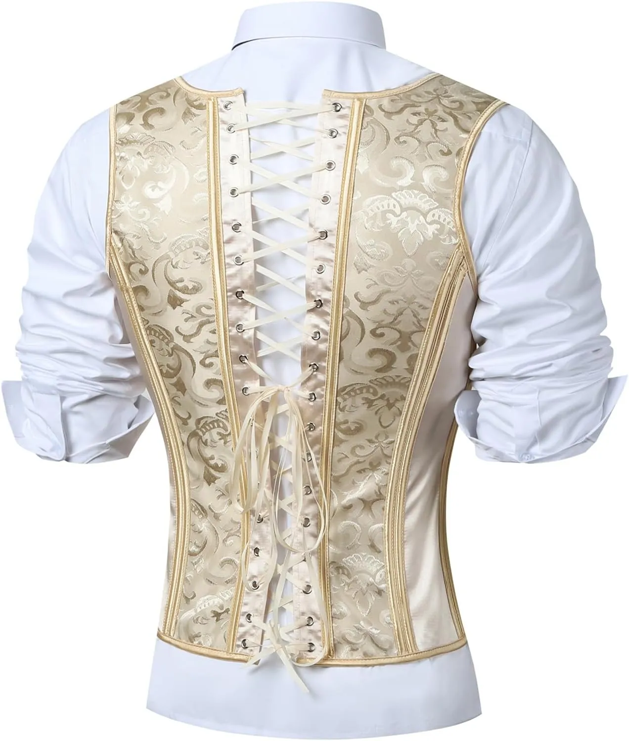 Mens Corset Vest Lace Up Bones Formal Waistcoat Beige Floral Waist Trainer Dress Vest For Wedding Party