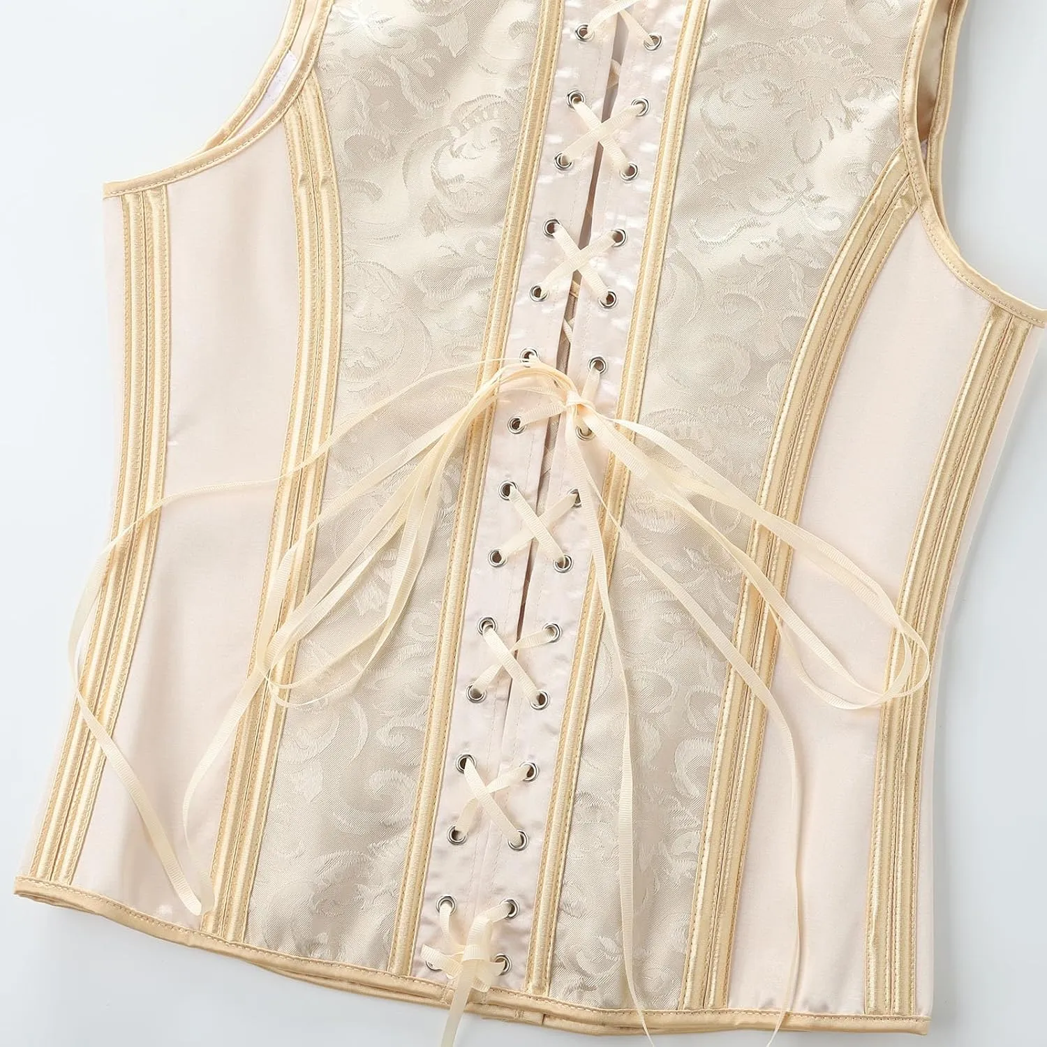 Mens Corset Vest Lace Up Bones Formal Waistcoat Beige Floral Waist Trainer Dress Vest For Wedding Party