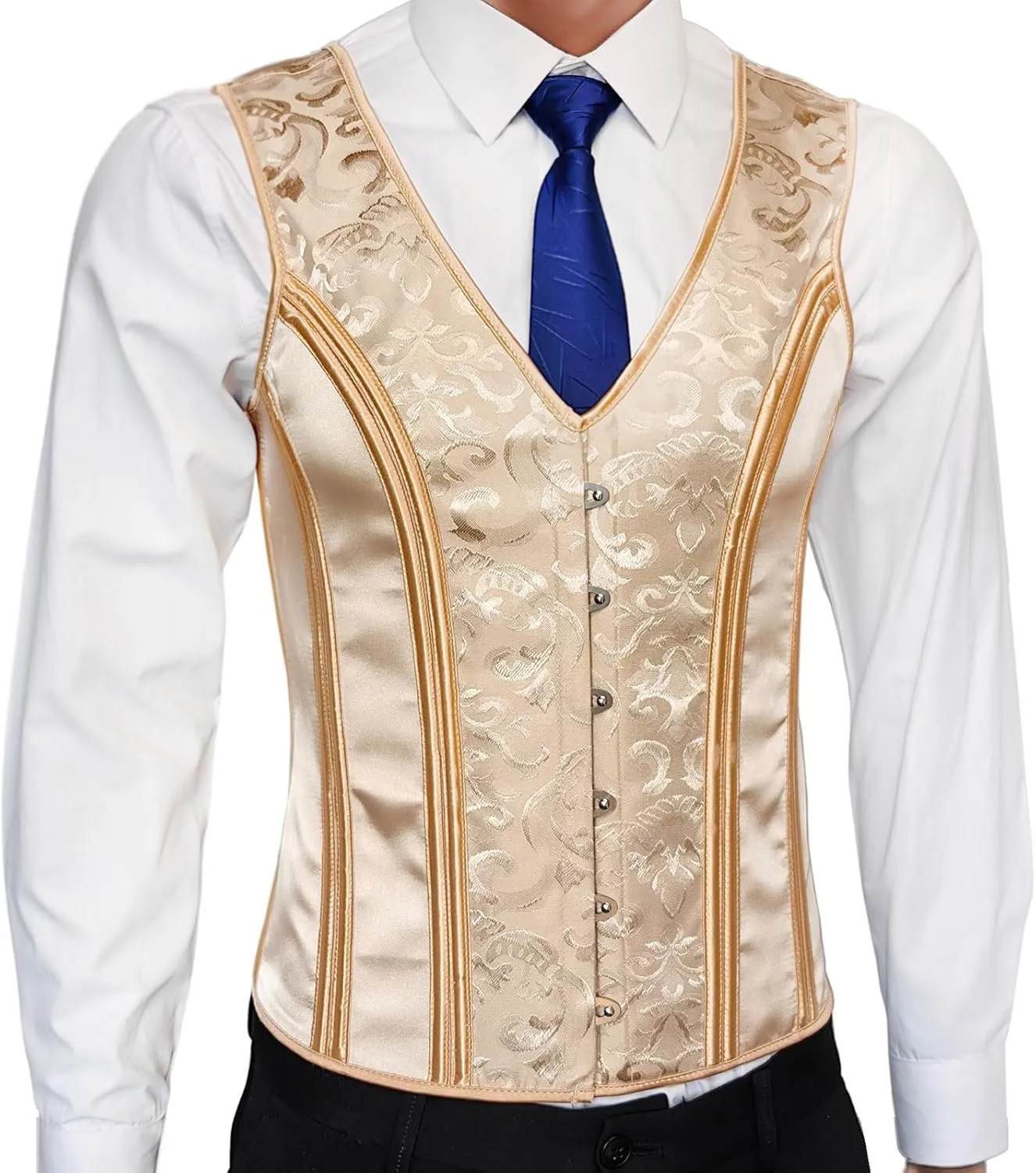Mens Corset Vest Lace Up Bones Formal Waistcoat Beige Floral Waist Trainer Dress Vest For Wedding Party