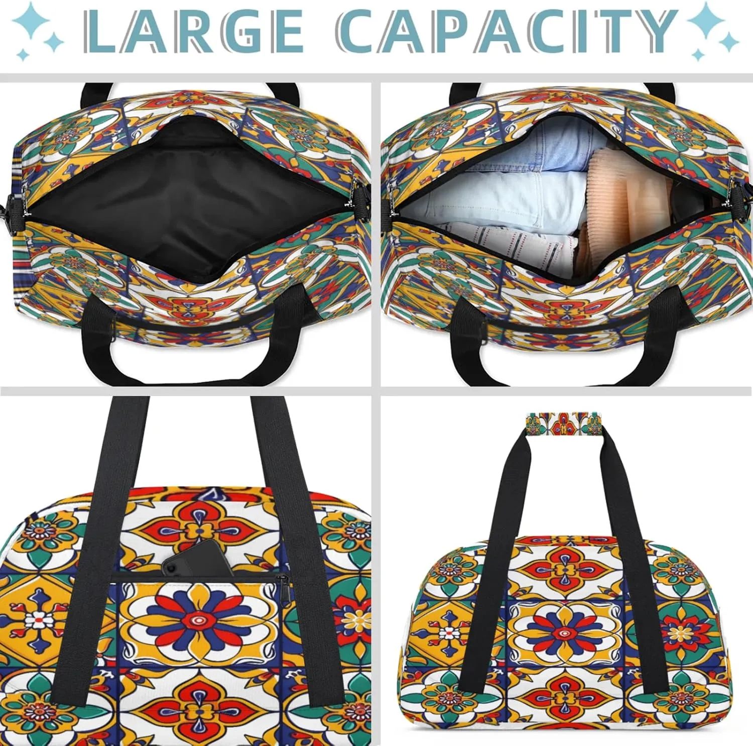 Mexican Talavera Ceramic Tile Small Gym Bag 18 inch Carry On Duffel Bag for Weekender Travel Sports Workout Yoga Gymnastics Dance Ballet