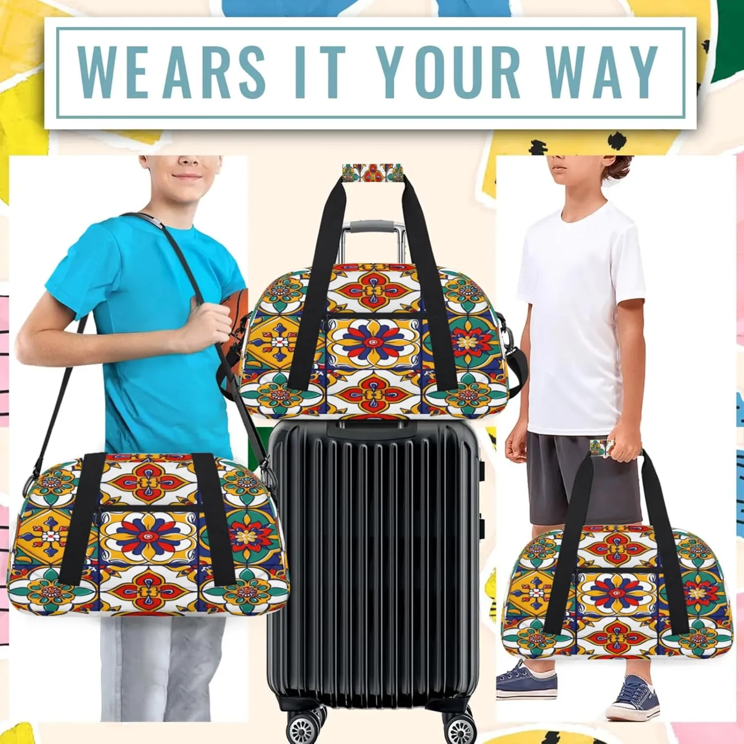 Mexican Talavera Ceramic Tile Small Gym Bag 18 inch Carry On Duffel Bag for Weekender Travel Sports Workout Yoga Gymnastics Dance Ballet