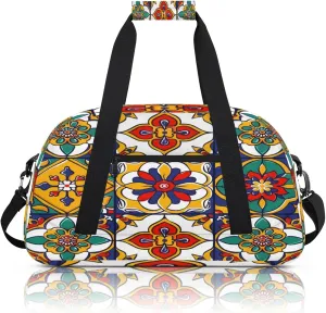 Mexican Talavera Ceramic Tile Small Gym Bag 18 inch Carry On Duffel Bag for Weekender Travel Sports Workout Yoga Gymnastics Dance Ballet