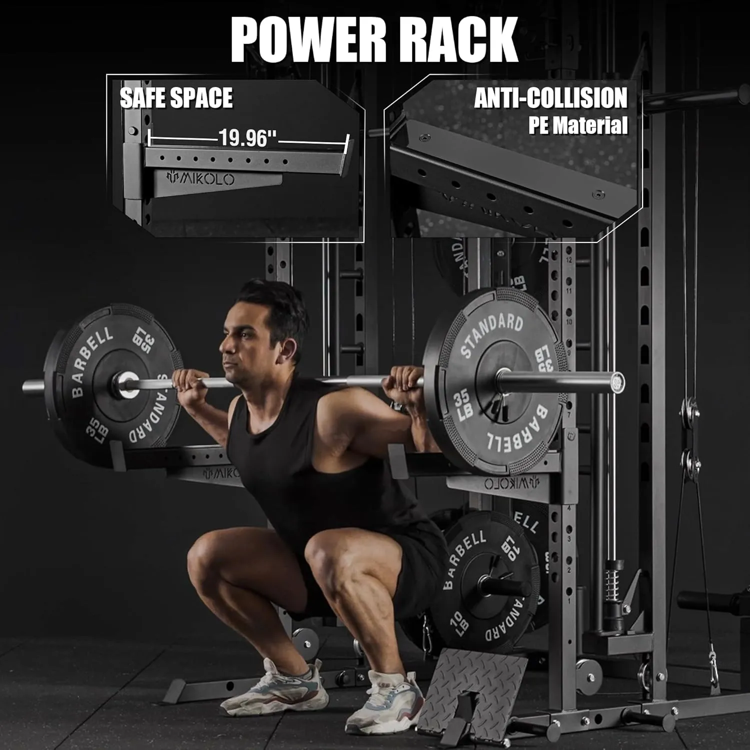 Mikolo Smith Machine, Multi-Function Power Cage with Dual Pulley System, Vertical Leg Press Attachment, Squat Rack Power Rack with More Training Attachment for Home Gym