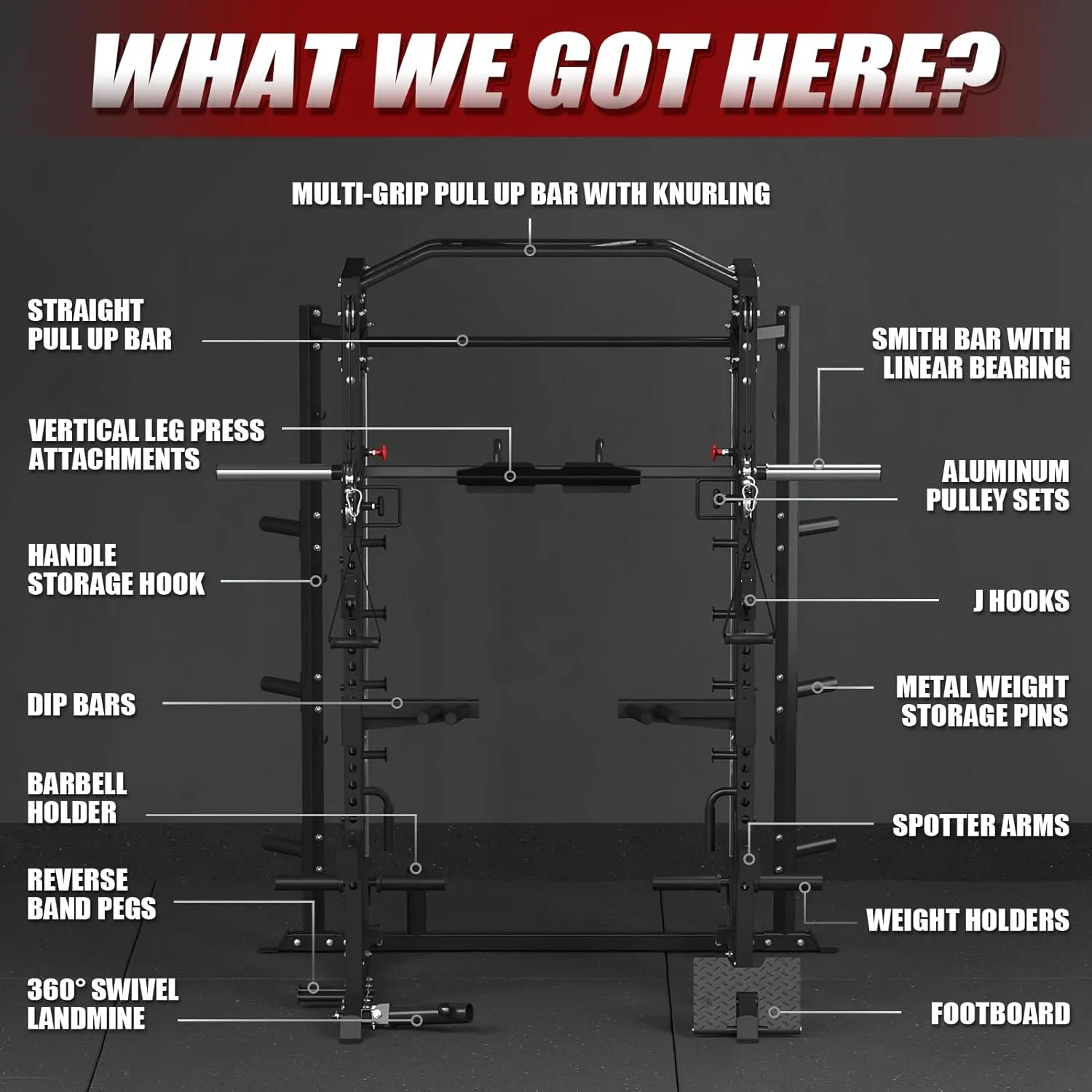 Mikolo Smith Machine, Multi-Function Power Cage with Dual Pulley System, Vertical Leg Press Attachment, Squat Rack Power Rack with More Training Attachment for Home Gym