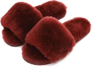 Millffy Women's Wool Fur Slippers Sheepskin Leather Slippers Shearling Fur Fluffy Fuzzy House Bedroom Shoes Slides
