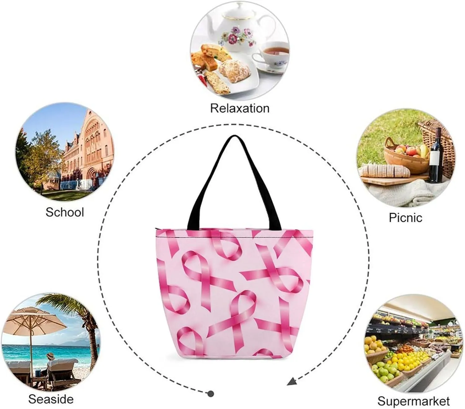 MoBlinko Pink Ribbon Woman Womens Tote Bags Reusable Yoga Shoulder Bag Handbag with Zipper for Grocery Shopping Gifts