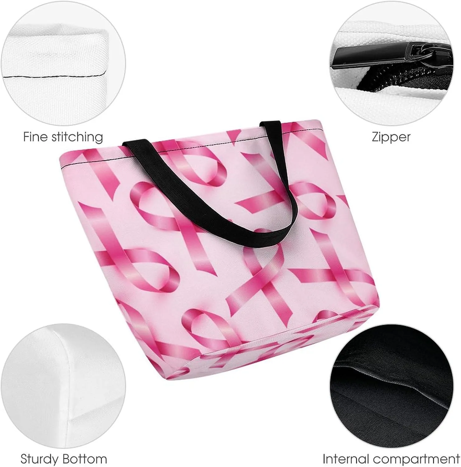 MoBlinko Pink Ribbon Woman Womens Tote Bags Reusable Yoga Shoulder Bag Handbag with Zipper for Grocery Shopping Gifts