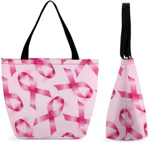 MoBlinko Pink Ribbon Woman Womens Tote Bags Reusable Yoga Shoulder Bag Handbag with Zipper for Grocery Shopping Gifts
