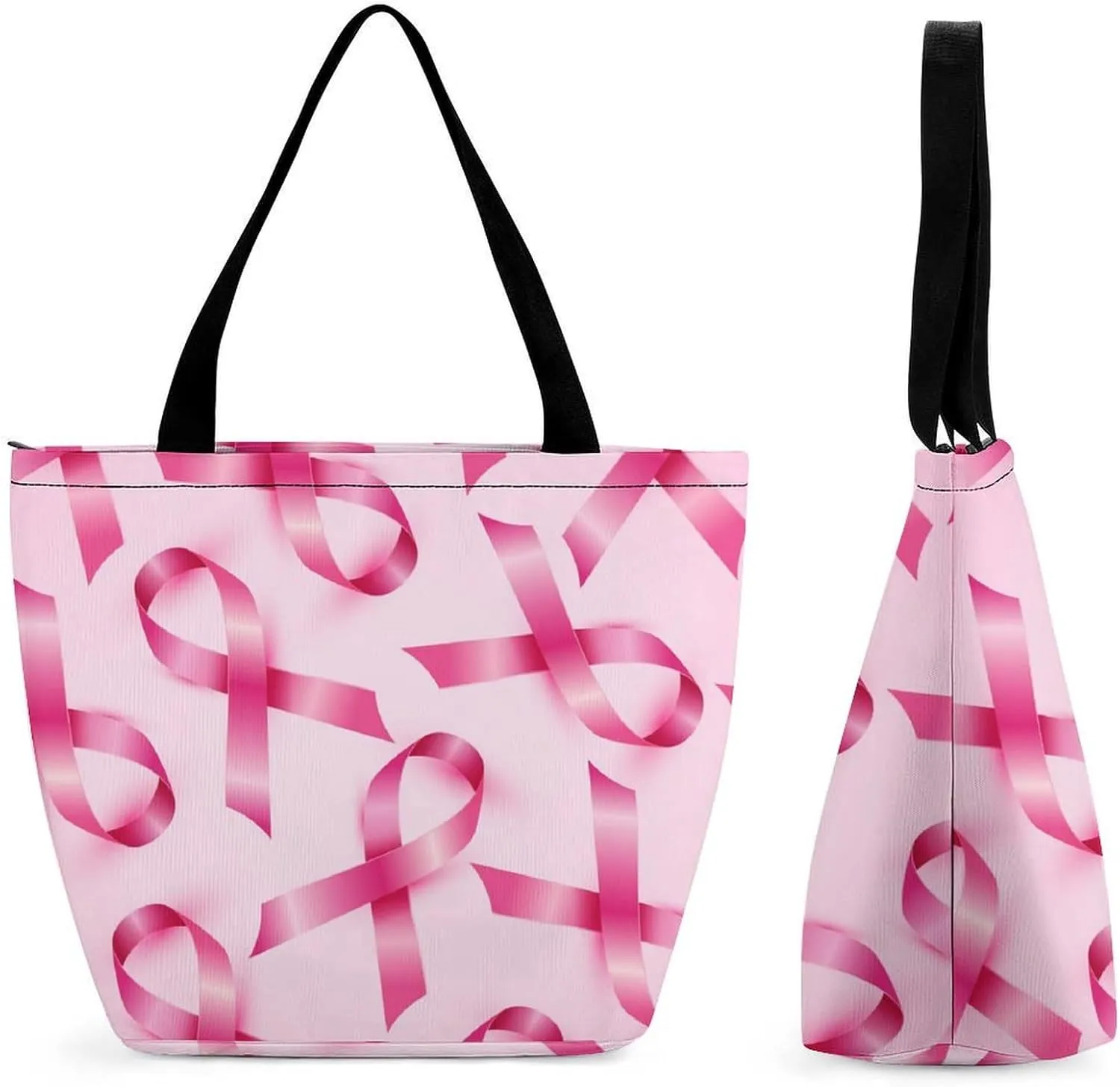 MoBlinko Pink Ribbon Woman Womens Tote Bags Reusable Yoga Shoulder Bag Handbag with Zipper for Grocery Shopping Gifts