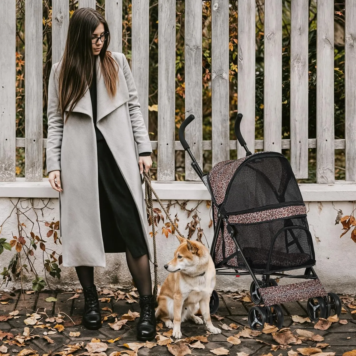 MoNiBloom 4 Wheels Pet Stroller, Easy-Fold Umbrella Shaped Dog Cat Jogger Stroller w/Storage Bag & Visible Mesh for Small/Medium Dogs Cats Leopard Print