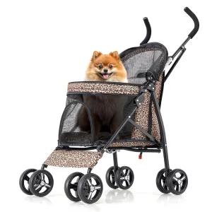 MoNiBloom 4 Wheels Pet Stroller, Easy-Fold Umbrella Shaped Dog Cat Jogger Stroller w/Storage Bag & Visible Mesh for Small/Medium Dogs Cats Leopard Print