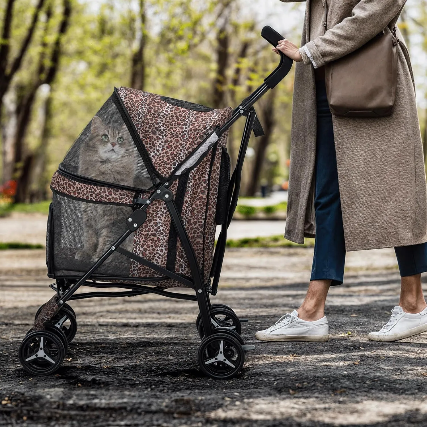 MoNiBloom 4 Wheels Pet Stroller, Easy-Fold Umbrella Shaped Dog Cat Jogger Stroller w/Storage Bag & Visible Mesh for Small/Medium Dogs Cats Leopard Print